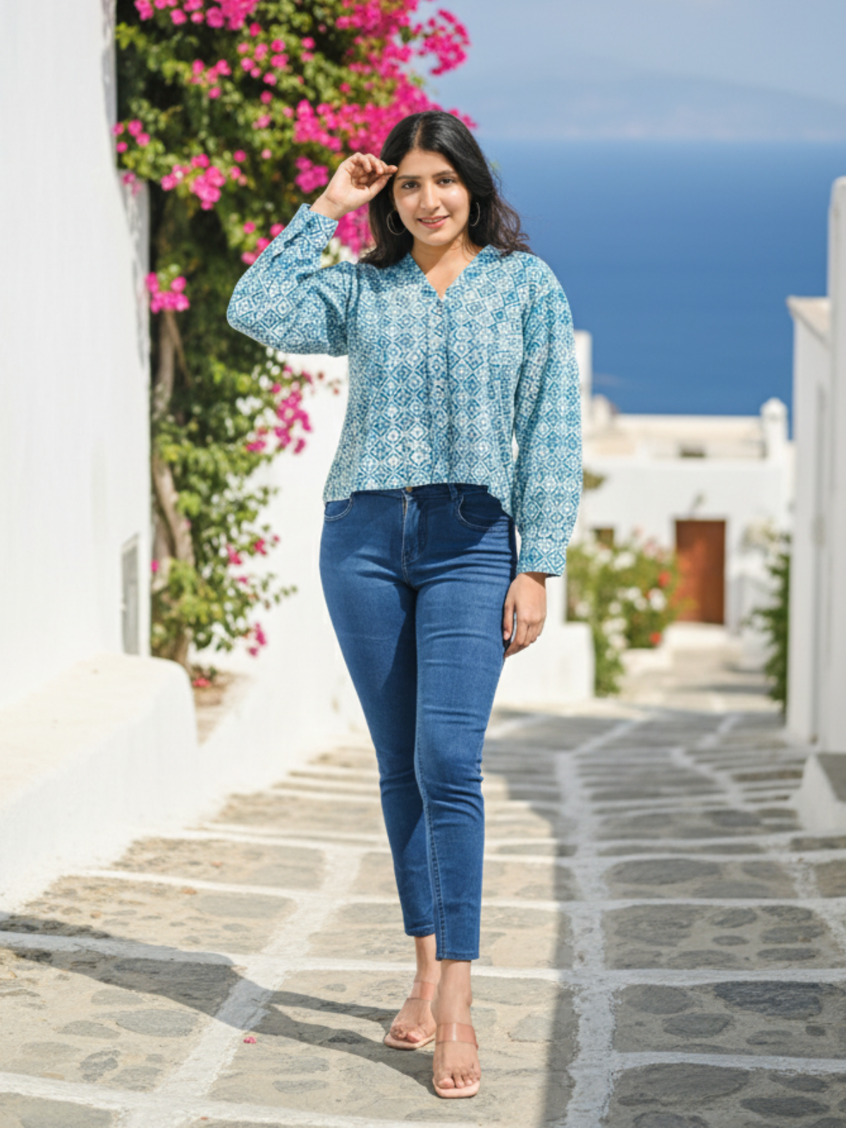 Blue Batik Print Cotton Satin Short Shirt