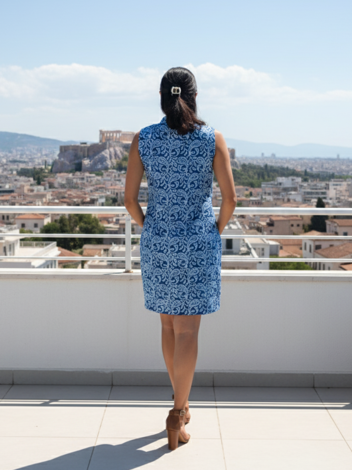 Blue Floral Batik Cotton Satin Tunic Top