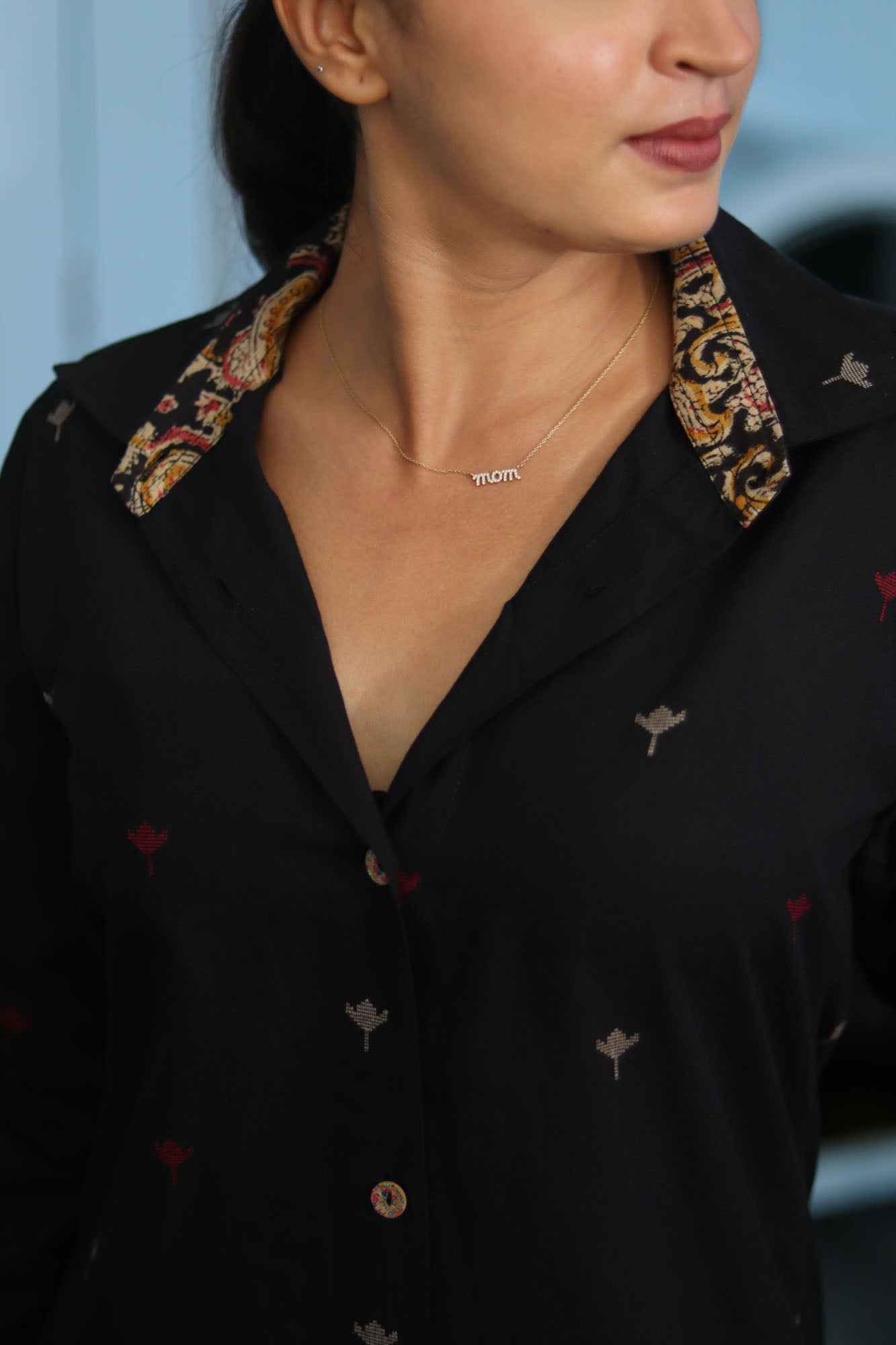 Black Cotton Shirt with South Buti Work & Kalamkari Cuffs