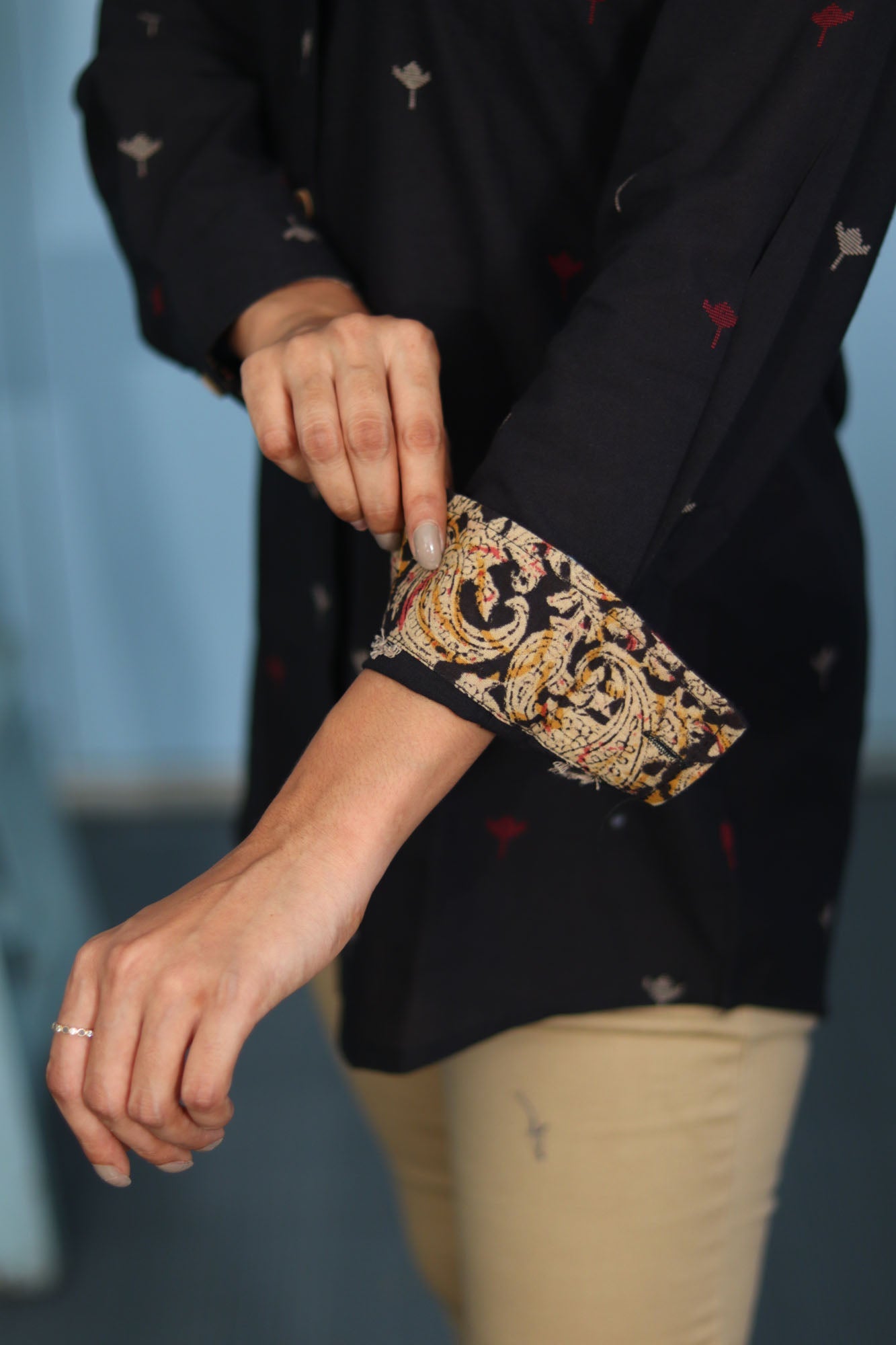 Black Cotton Shirt with South Buti Work & Kalamkari Cuffs
