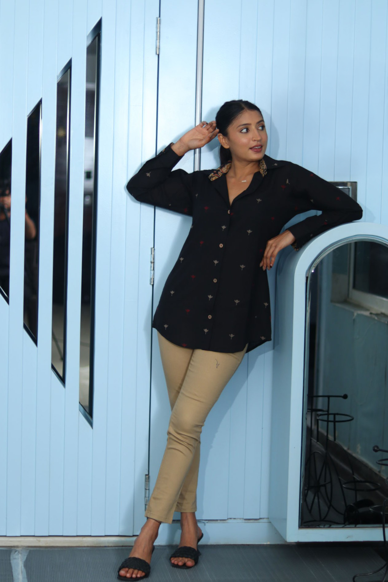 Black Cotton Shirt with South Buti Work & Kalamkari Cuffs