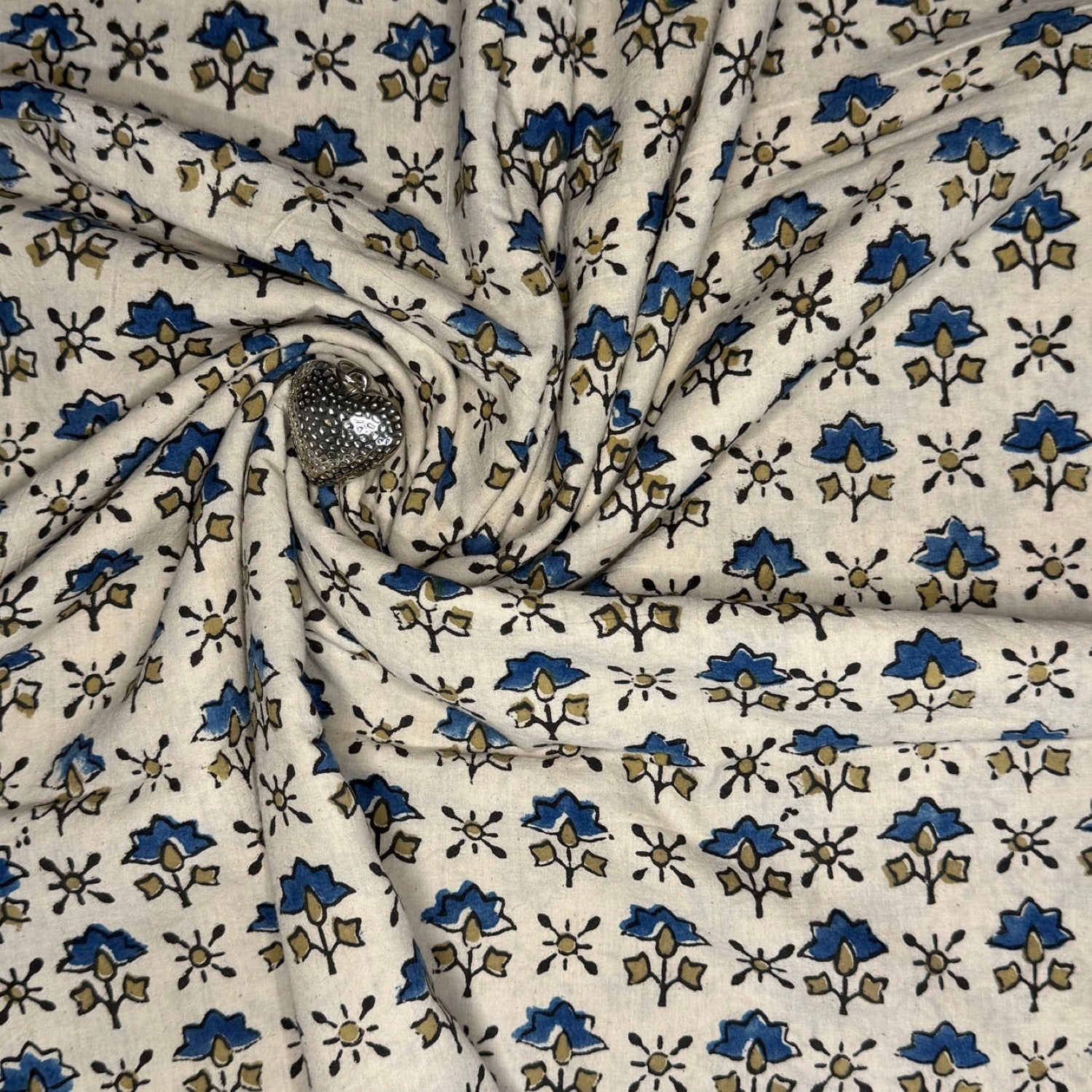 White Floral Ajrakh Handblock Printed Cotton Fabric