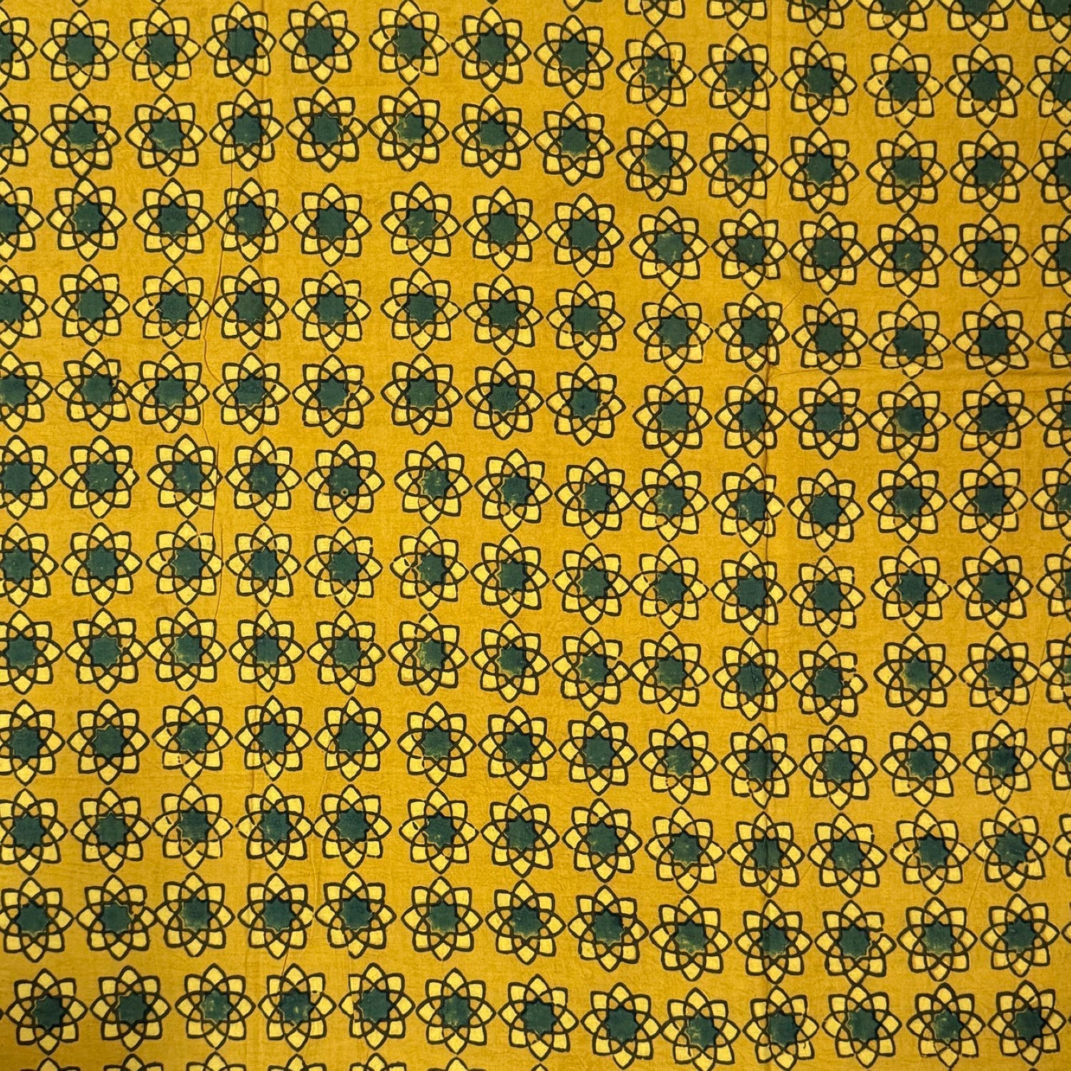 Yellow Floral Ajrakh Handblock Printed Cotton Fabric