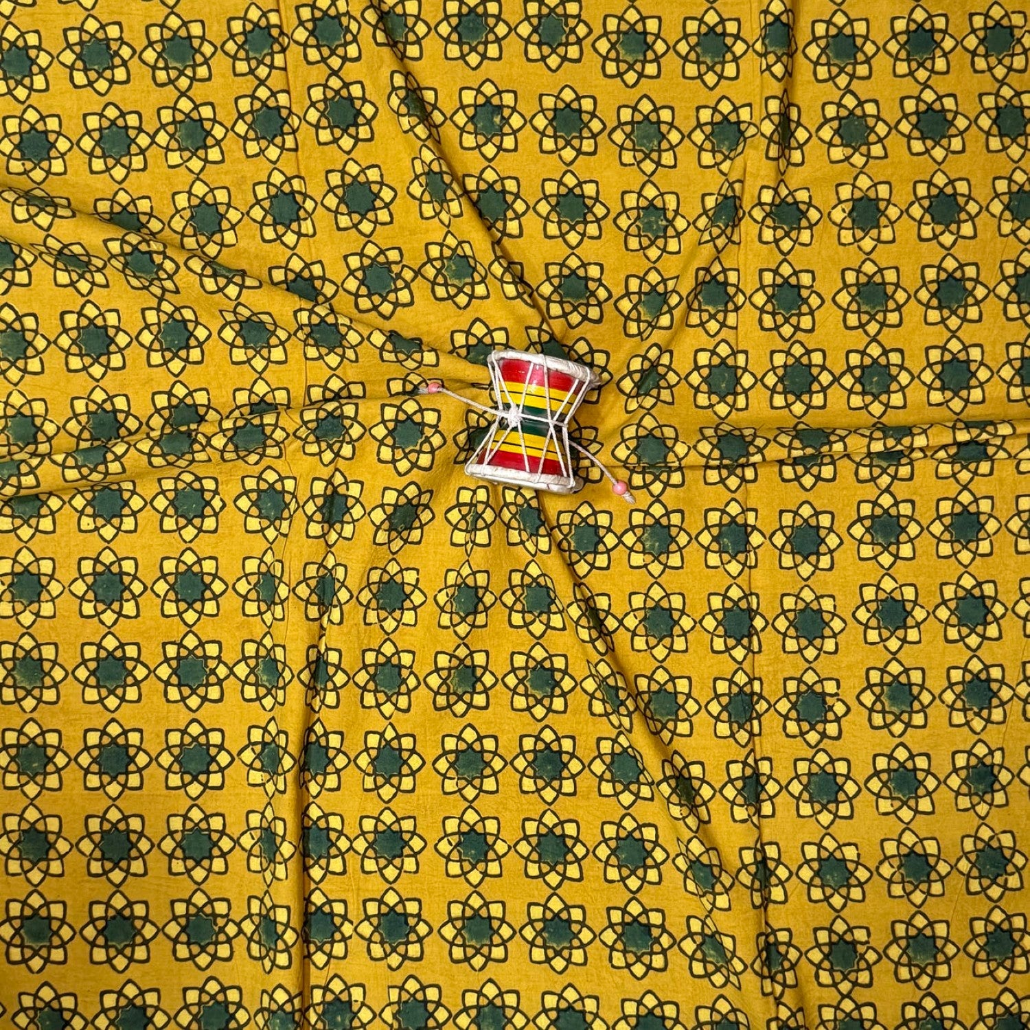 Yellow Floral Ajrakh Handblock Printed Cotton Fabric