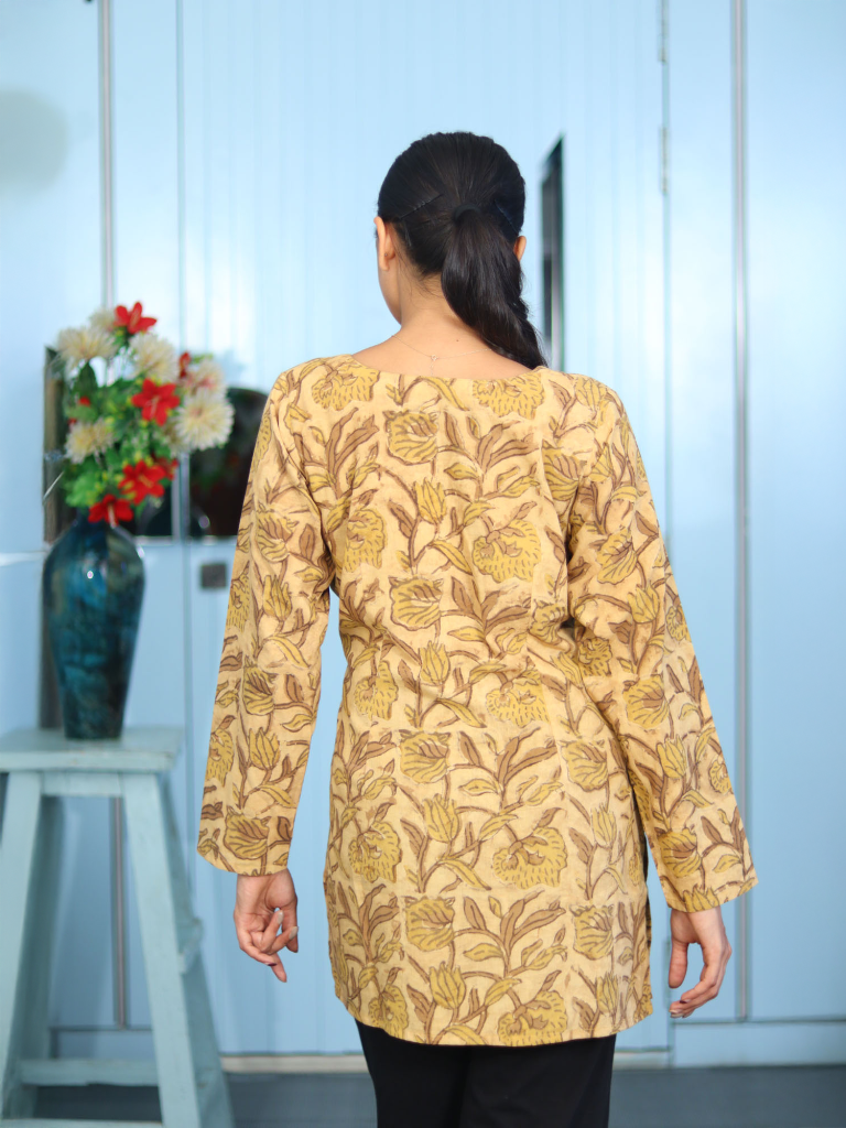 Mustard Block Print Short Kurti in Pure Cotton